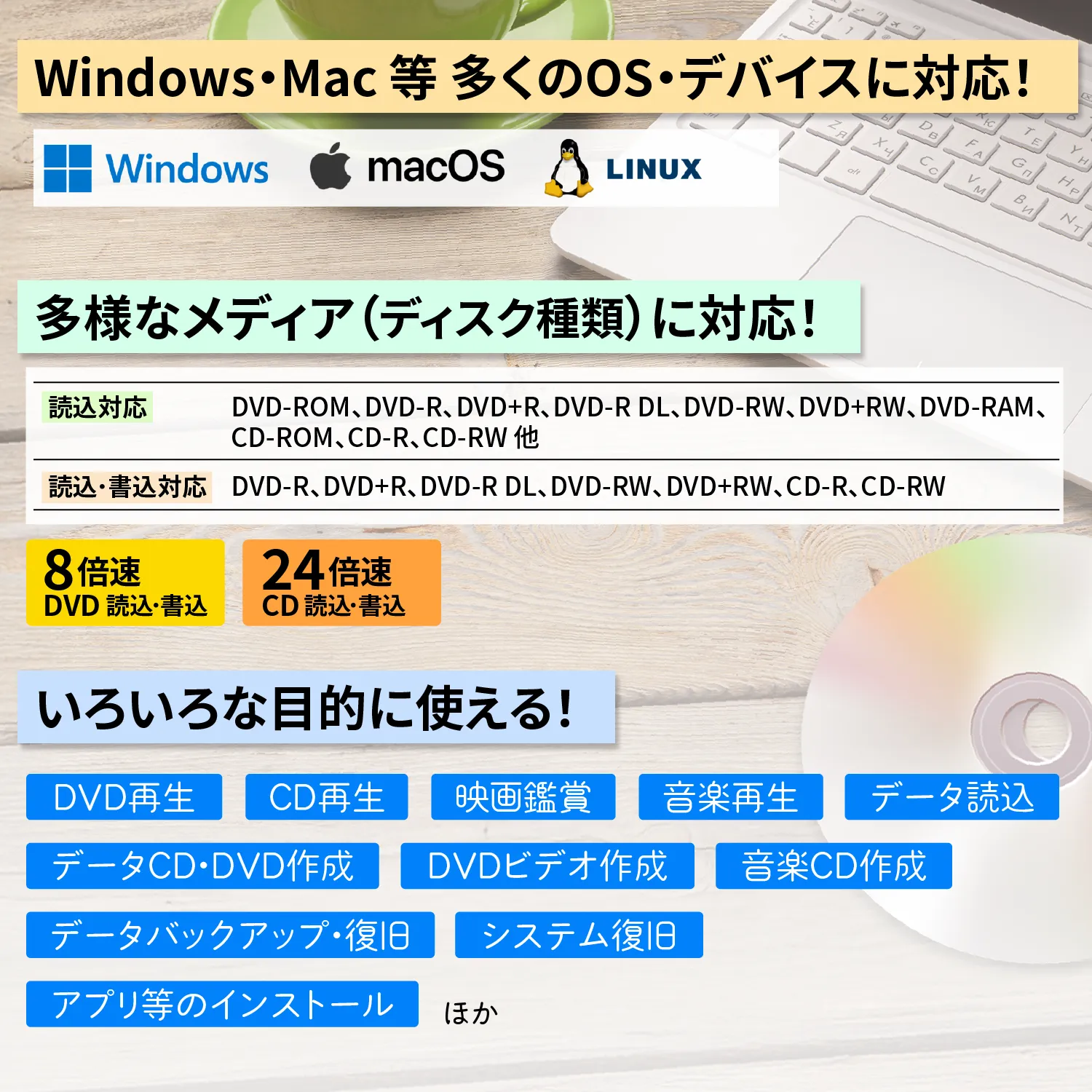 Windows、Mac、Linux 等多くのOS・デバイスに対応。多様なディスクに対応。目的・用途：DVD再生、CD再生、映画鑑賞、音楽再生、データ読込・書込、DVDビデオ作成、音楽CD作成、 ほか