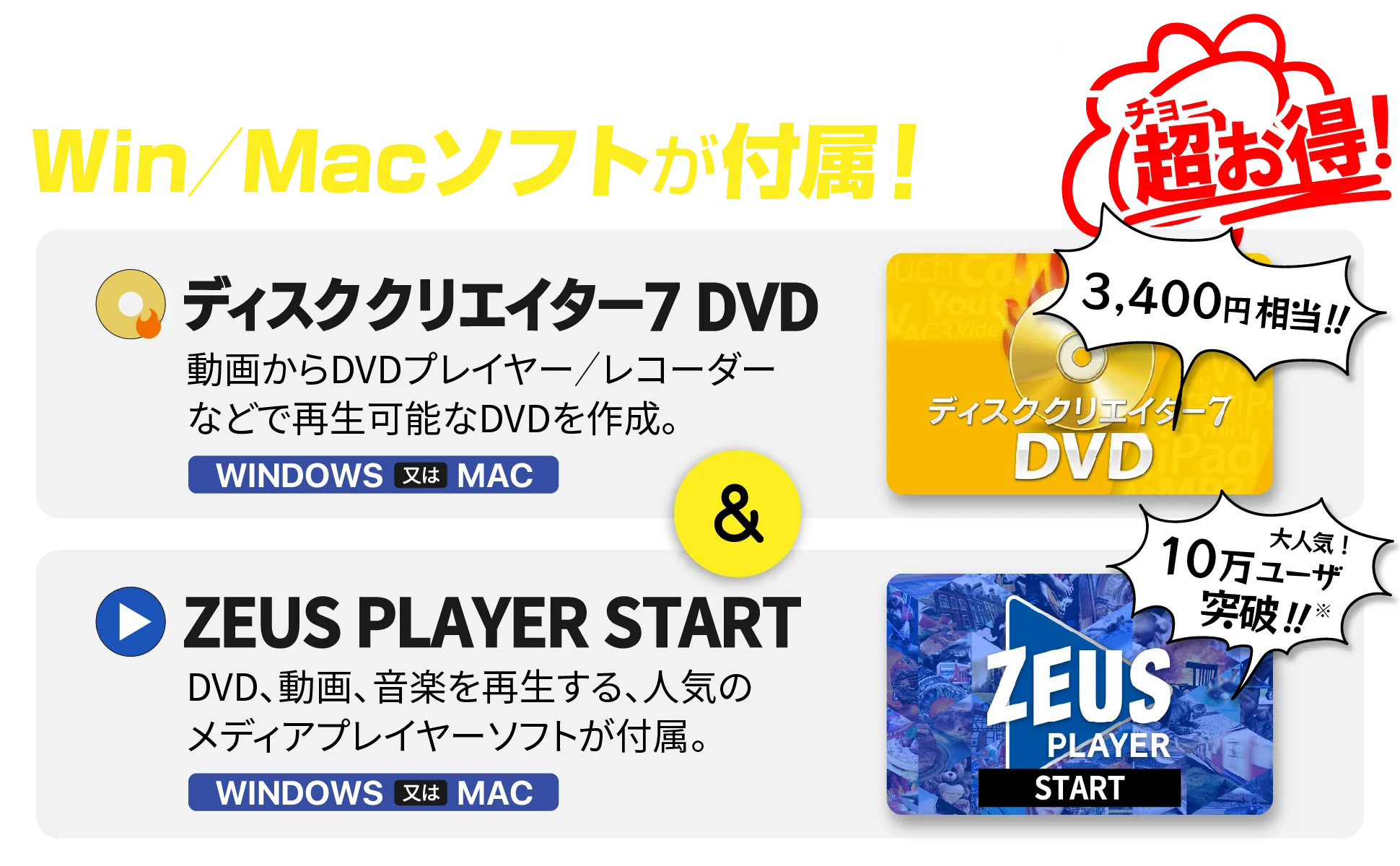 ベスト･セラーのDVDドライブに、Win/Macソフトが付属。ZEUS PLAYER START、DVD、動画、音楽を再生。ディスククリエイター 7 DVD、動画からDVDを作成。