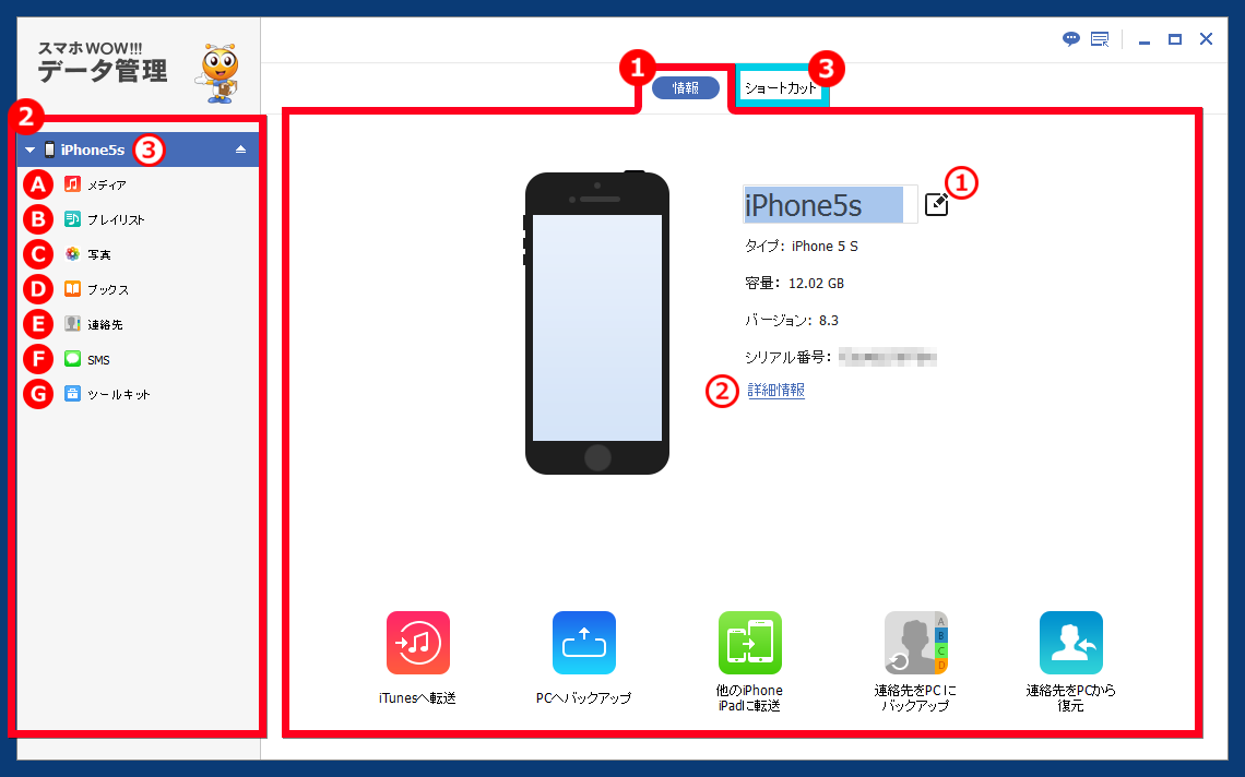 スマホWOW!!!(スマホワオ) データ管理 for iPhone iOS端末接続後画面 iphoneタイプ/容量/バージョン/シリアル番号